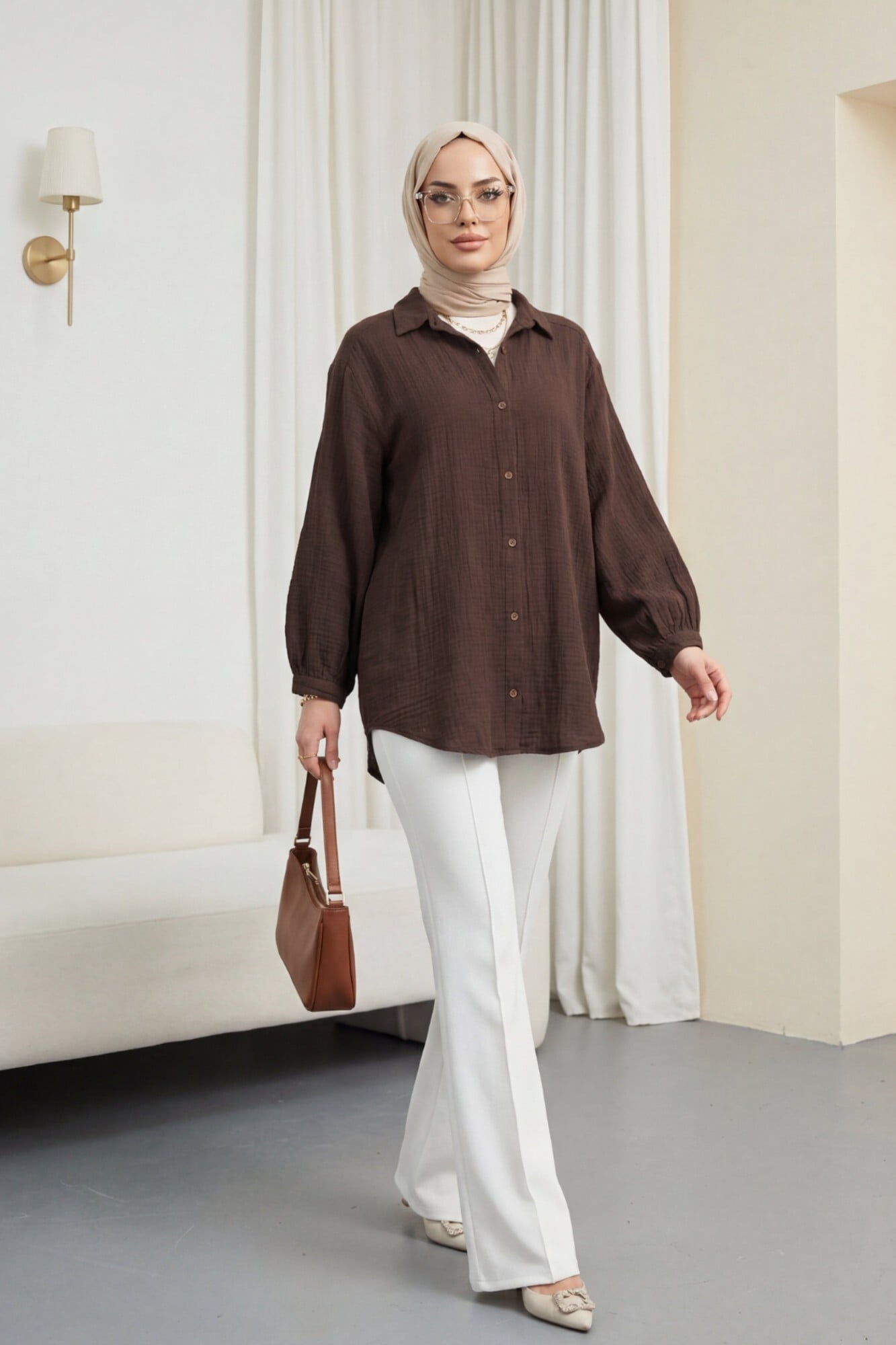 Oval Cut Buttoned Muslin Blouse - Dark Brown - Podyumplus - by Peralane - photo 4