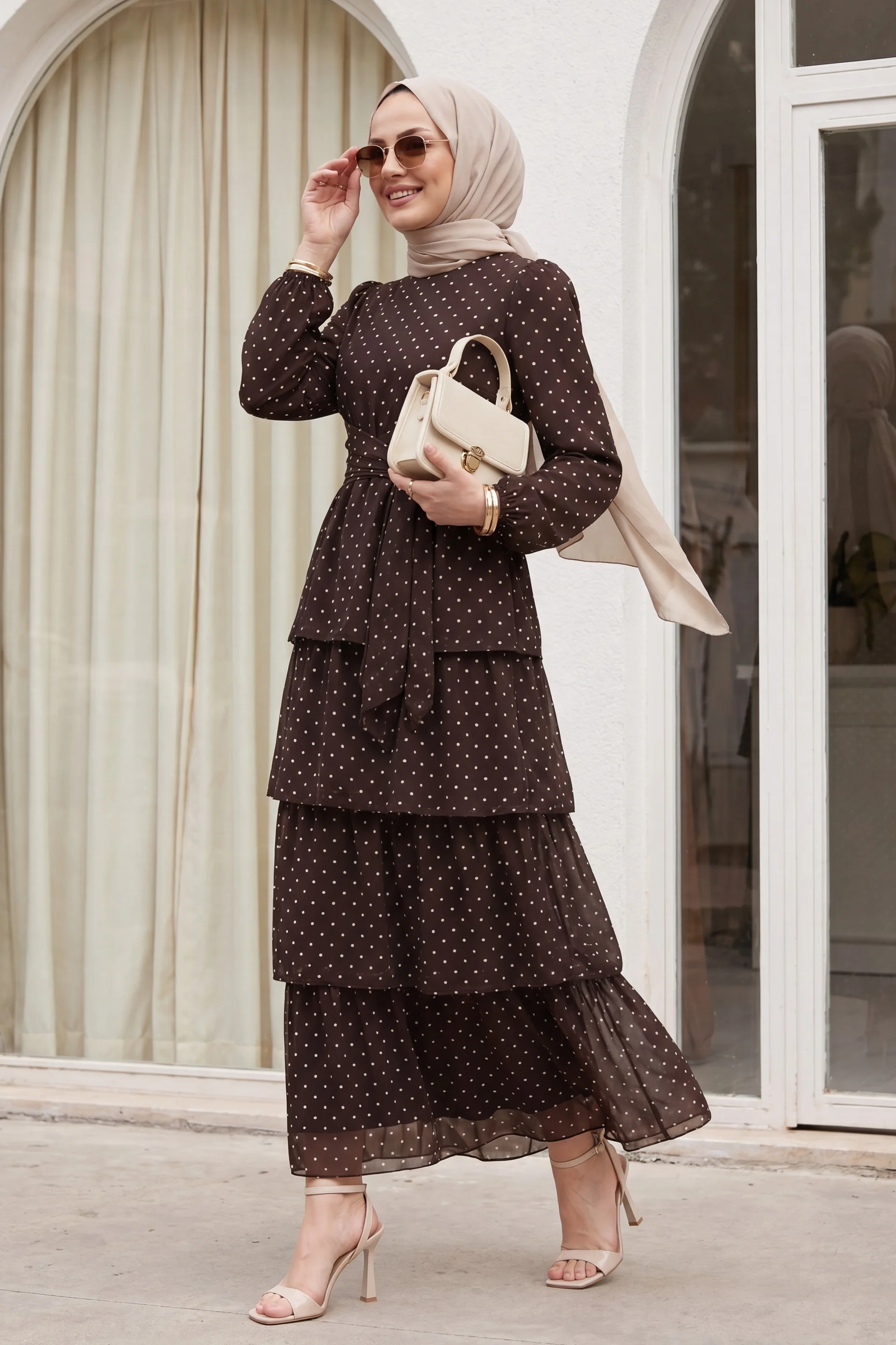 Cross-Tie Tiered Polka Dot Chiffon Dress - Brown - Podyumplus - by Peralane