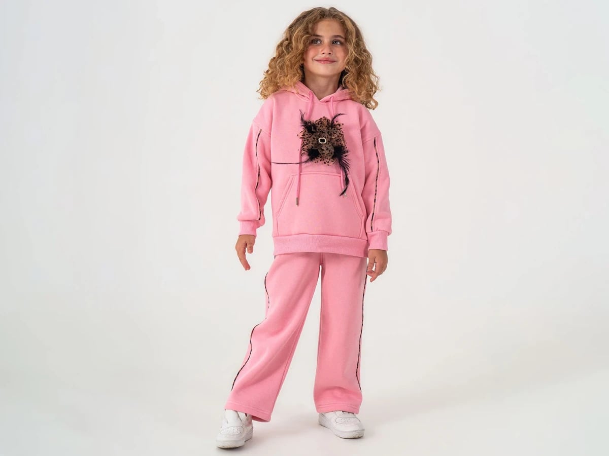 Girls' Hooded Sweatshirt and Jogger Set with Leopard Print and Stone Details - Lumii - by Peralane