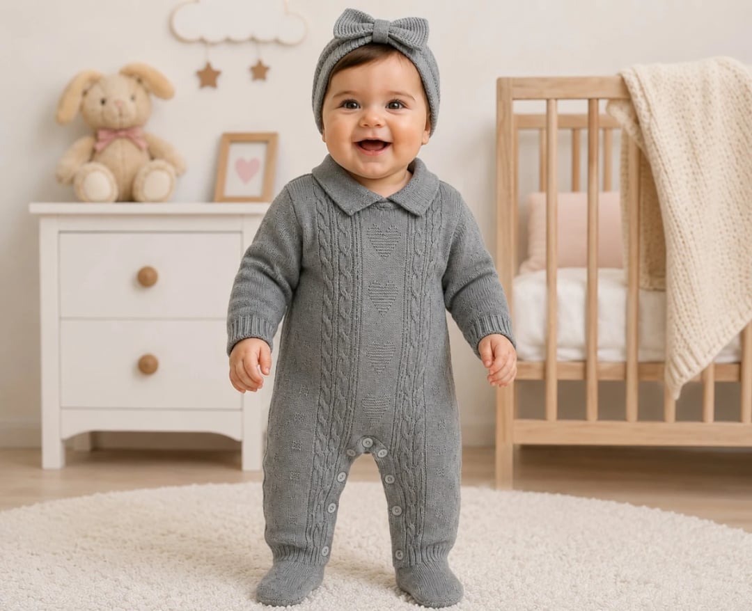 Baby Girl Knitted Romper and Headband Set - Grey - Has Bereket - by Peralane