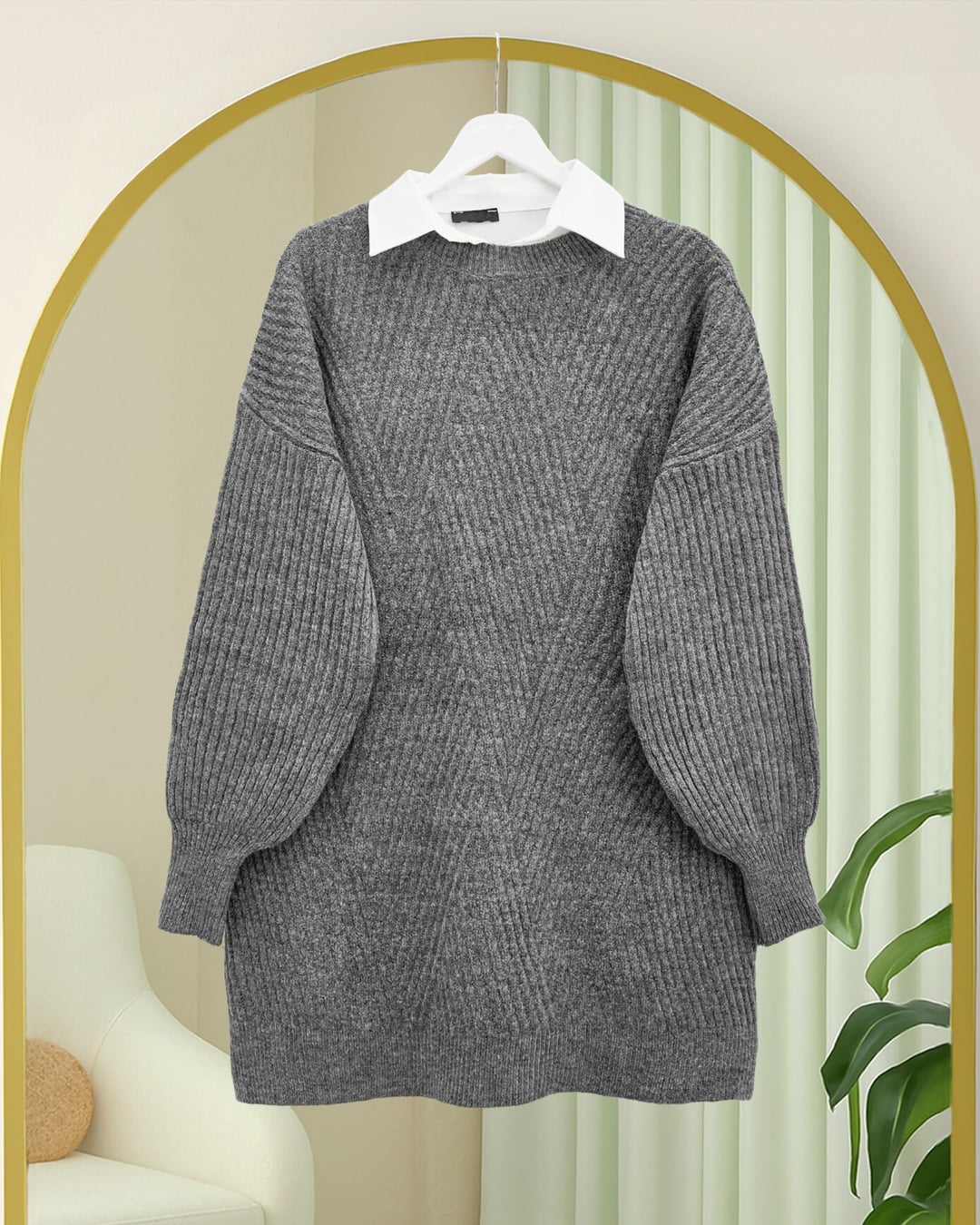 Crew Neck Chevron Pattern Knit Tunic - Smoky Grey - Podyumplus - by Peralane - photo 3