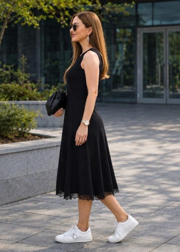 Women's Sleeveless Round Neck Midi Dress with Lace Trim - Janes - by Peralane - photo 2