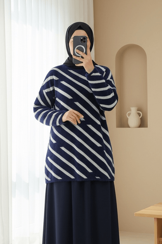 Navy Blue Side Stripe Slouchy Knit Sweater - Podyumplus - by Peralane