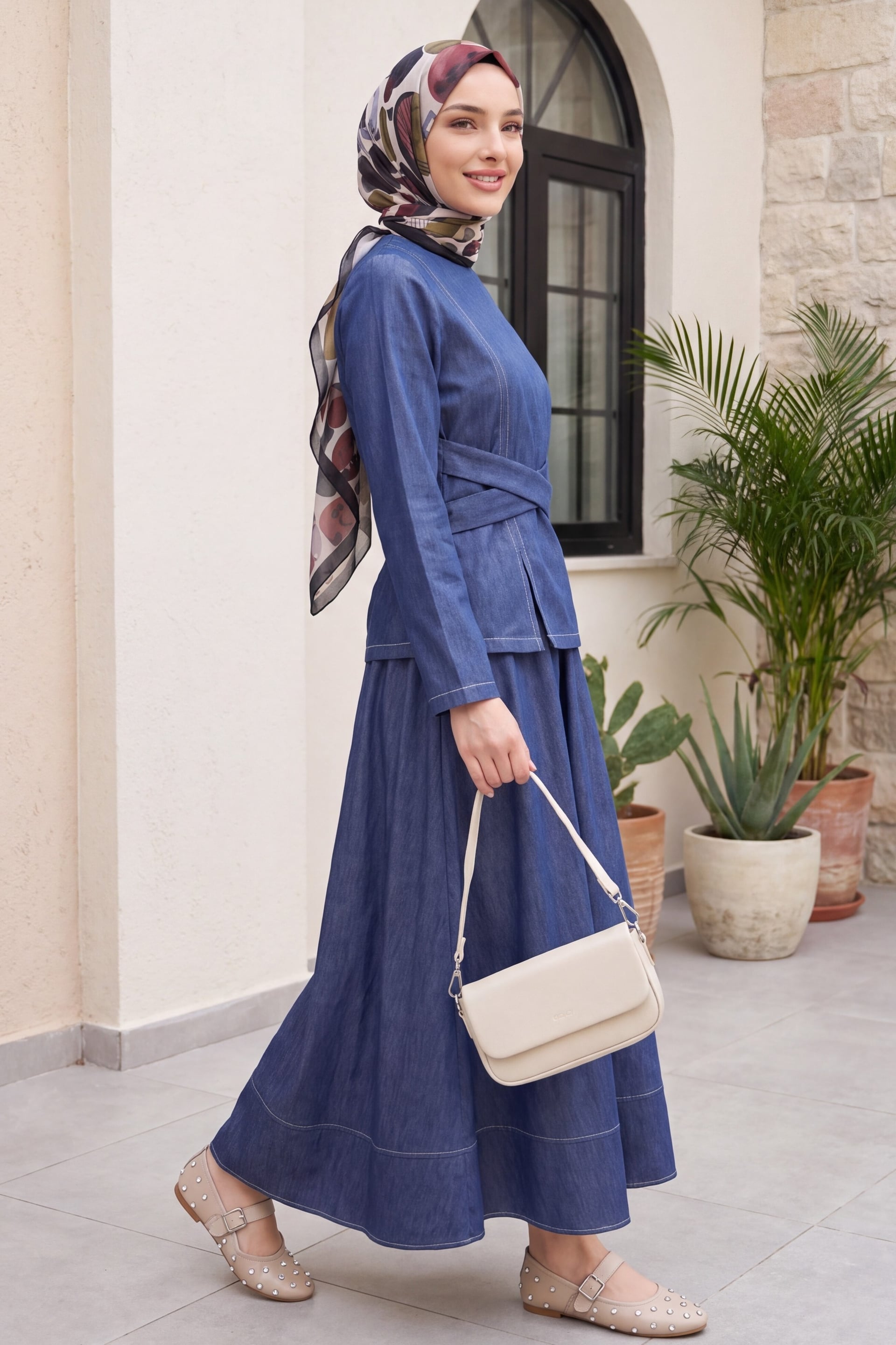 Round Neck Cross-Tie Belted Denim Co-ord Set with Maxi Skirt - Navy - Podyumplus - by Peralane - photo 4