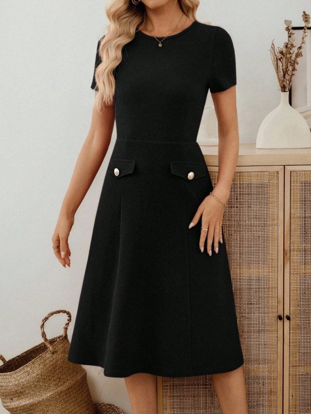 Women's Black Short-Sleeved Round Neck Midi Dress with Pocket Detail - Janes - by Peralane - photo 9
