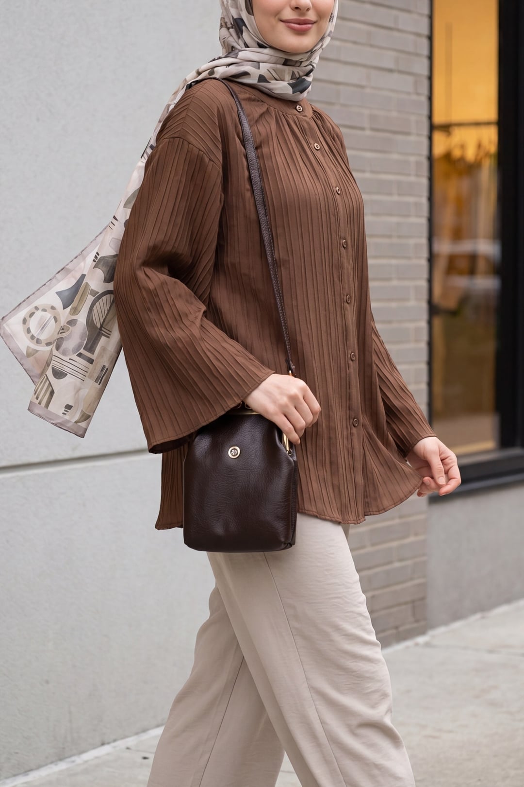 Round Neck Buttoned Spanish Sleeve Siena Tunic - Brown - Podyumplus - by Peralane - photo 6