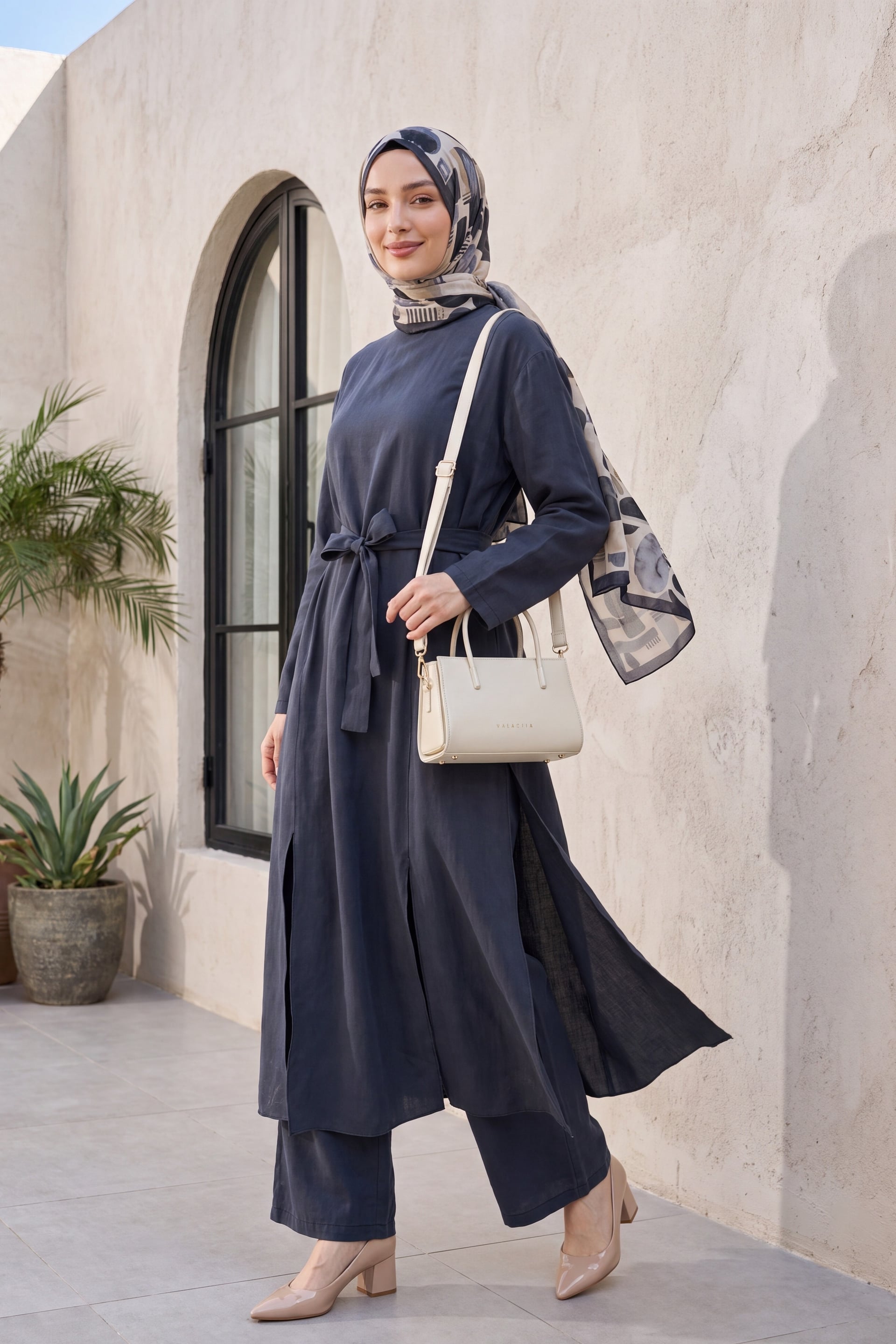 Women's Modal Two-Piece Set with Long Tunic and Pocketed Wide-Leg Trousers - Dark Grey - Podyumplus - by Peralane - photo 2