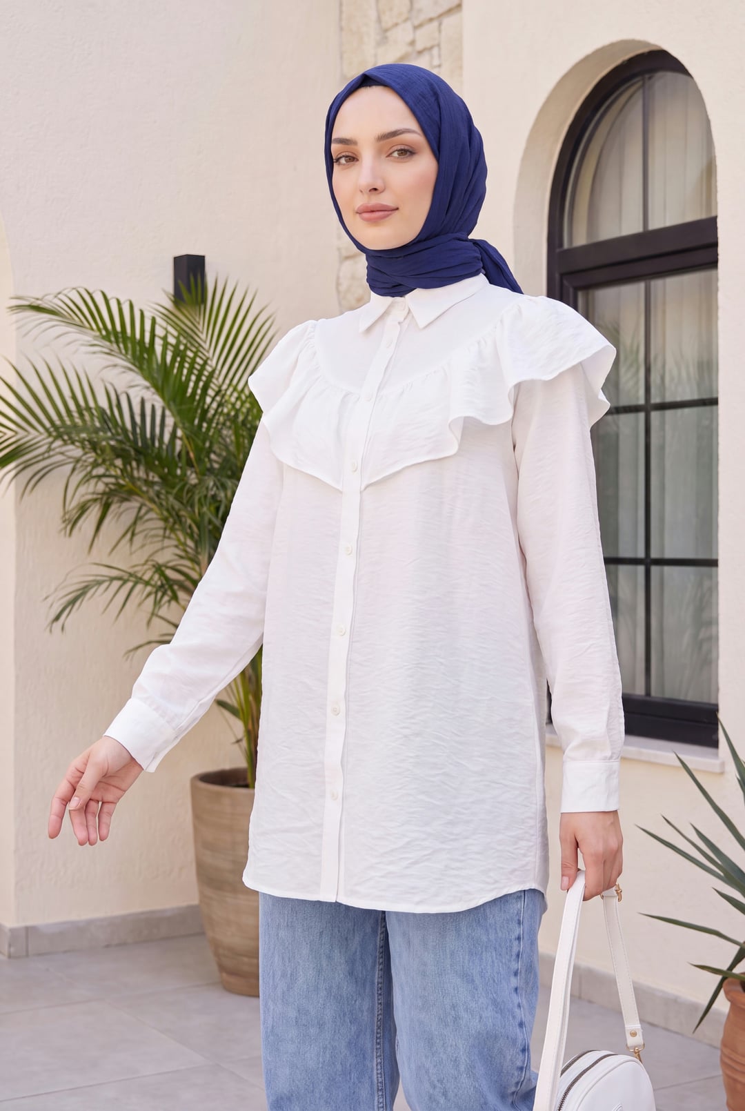 Women's White Ruffled Button-Up Rayon Tunic - Podyumplus - by Peralane