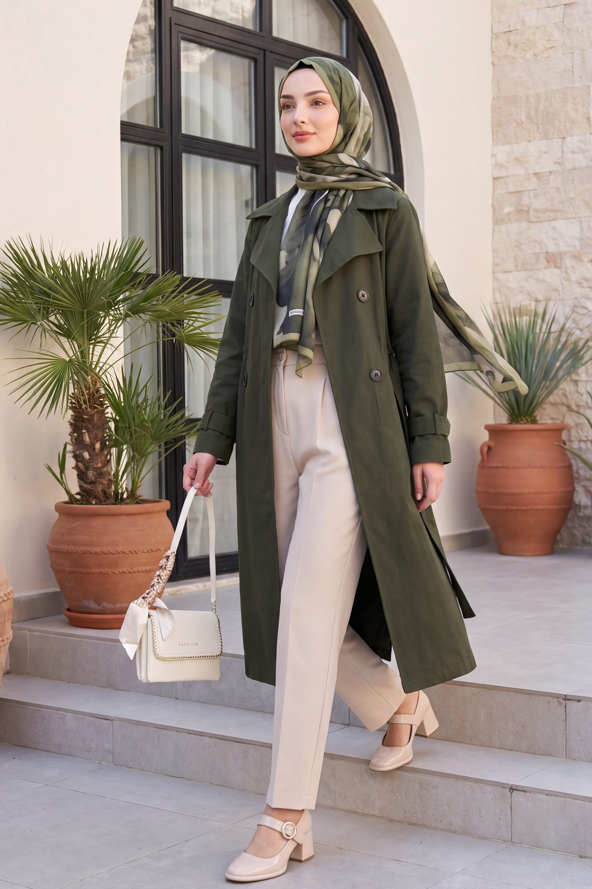 Olive Green Double-Breasted Belted Trench Coat - Podyumplus - by Peralane - photo 2