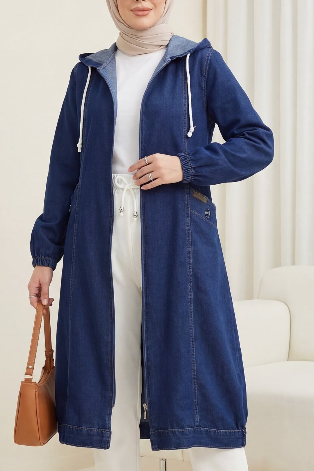 Hooded Zip-Up Denim Jacket with Pockets and Elastic Cuffs - Navy - Podyumplus - by Peralane - photo 3