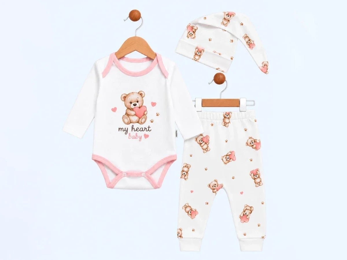 Three-Piece Baby Girl Set with Heart Teddy Print - Supermini - by Peralane