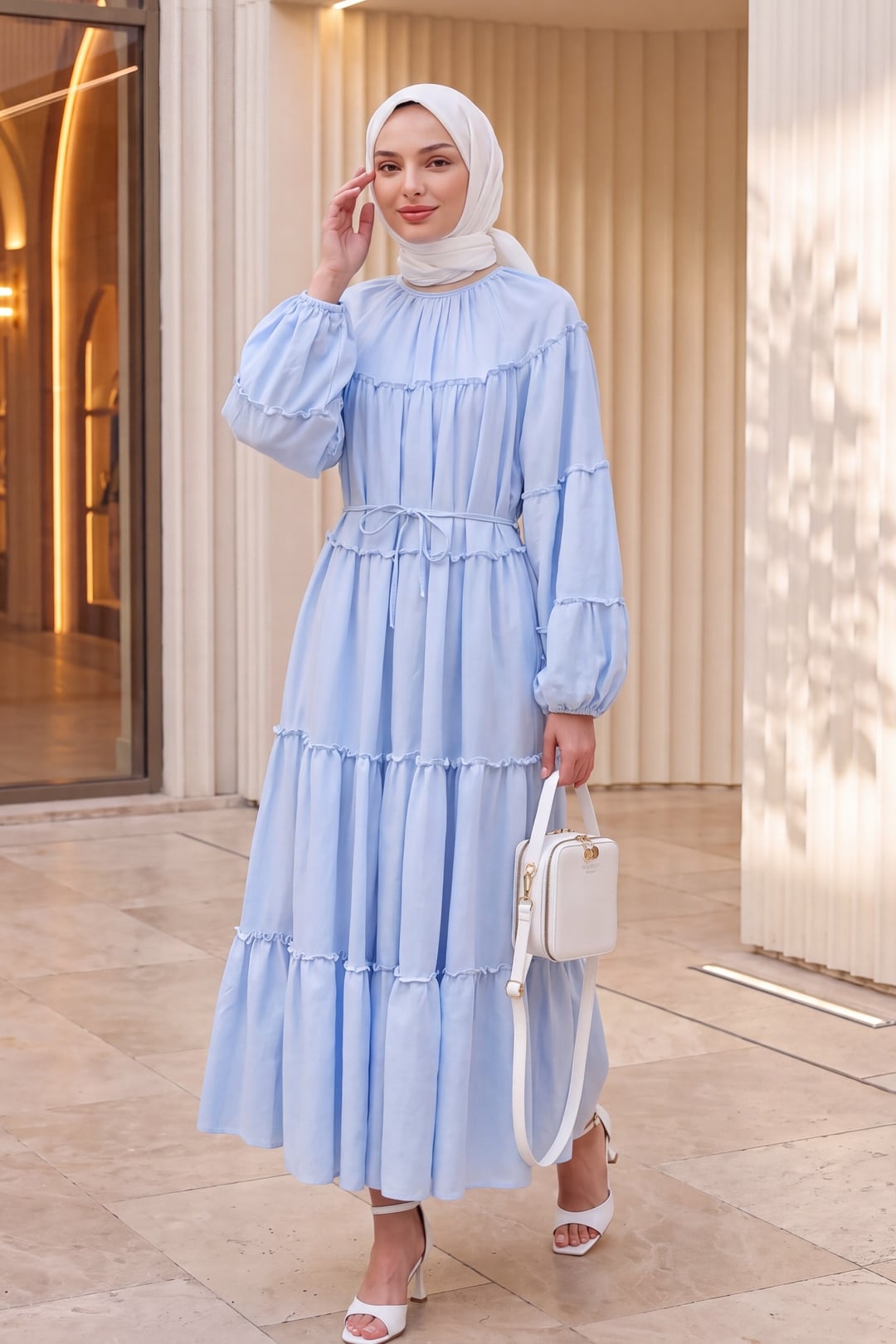 Light Blue Tiered Maxi Dress with Ruffled Details and Tie Belt - Podyumplus - by Peralane - photo 4