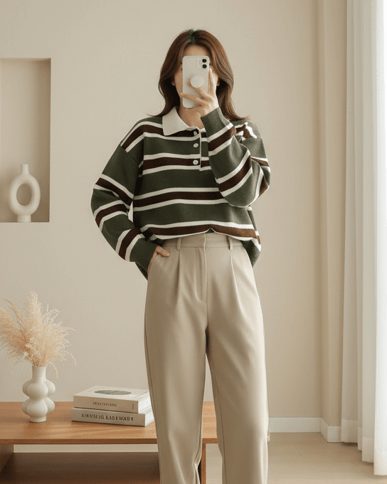 Women's Striped Knit Sweater with Polo Collar - Khaki - Podyumplus - by Peralane