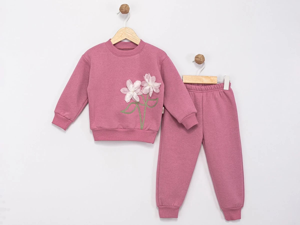 Girls' Sweatshirt and Trousers Set - Dusty Rose Pink with Floral Appliqué - Feely Kids - by Peralane