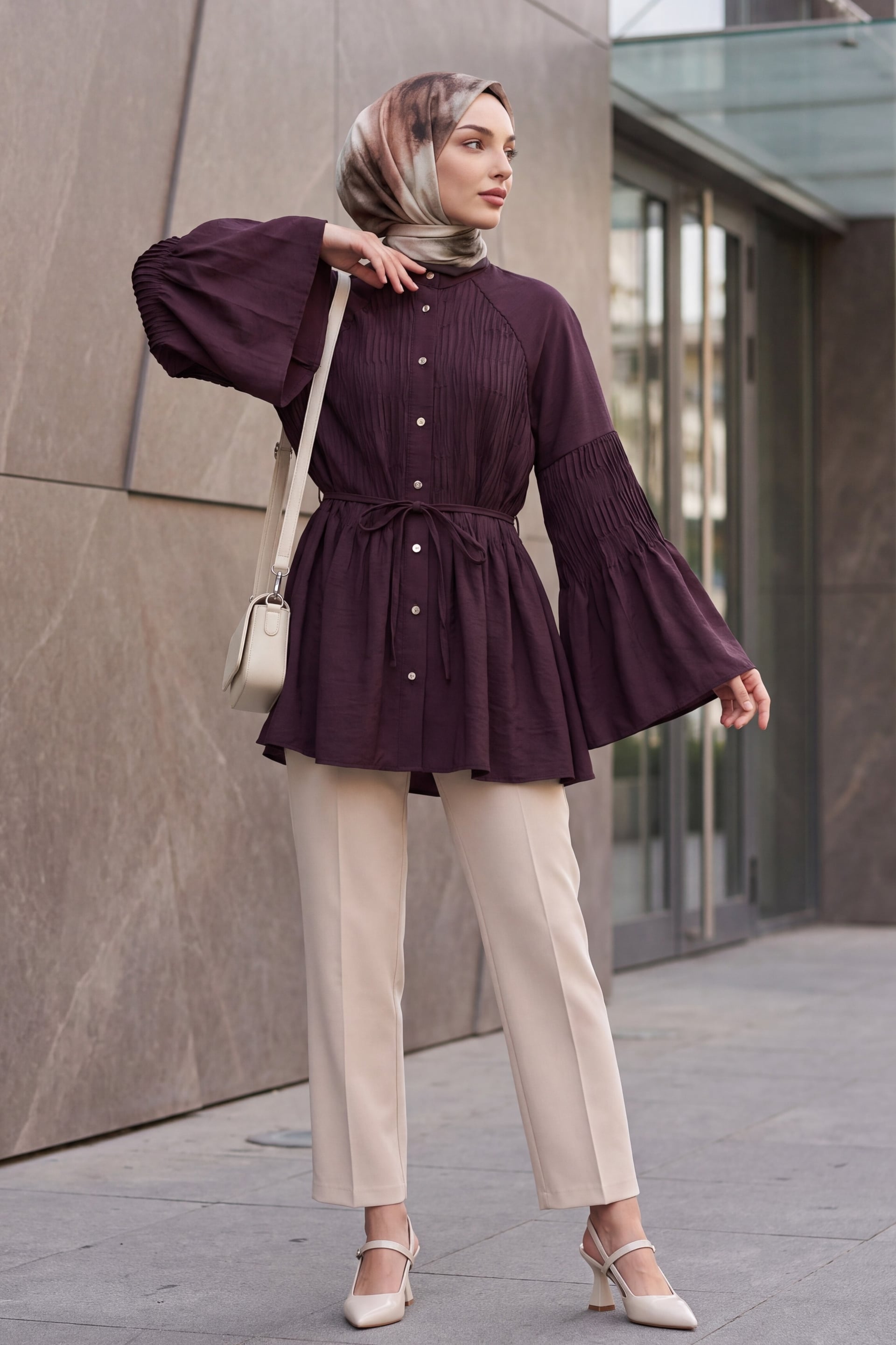 Spanish Sleeve Stone-Button Belted Cupra Tunic - Deep Plum - Podyumplus - by Peralane - photo 4