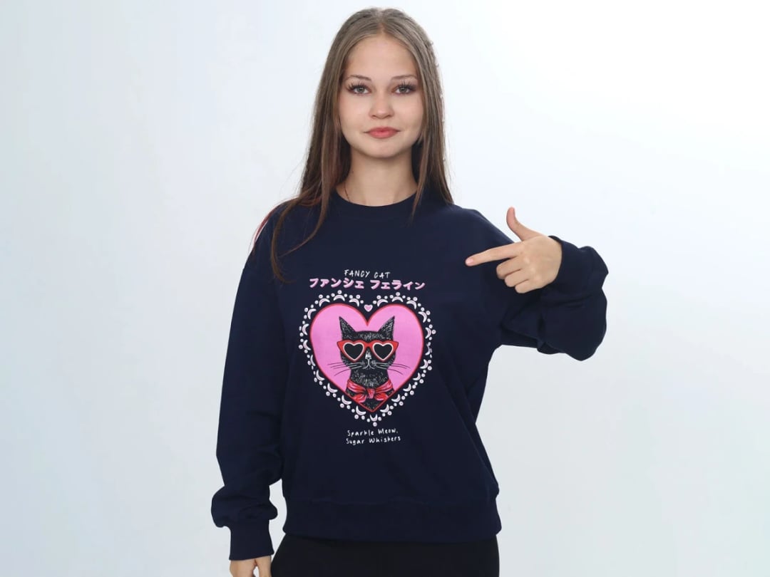 Girls' Cat Print Sweatshirt - Navy Blue - Vizviz - by Peralane
