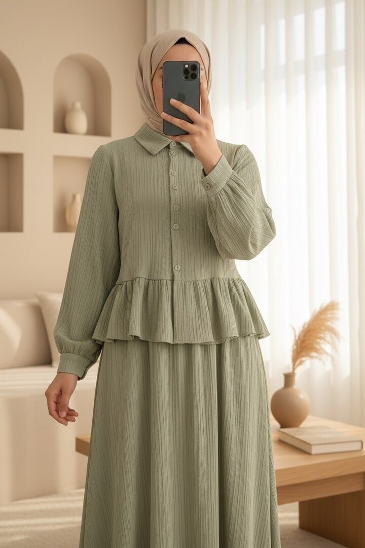 Ruffle Skirt Buttoned Tie-Waist Modest Set - Olive Green - Podyumplus - by Peralane - photo 5