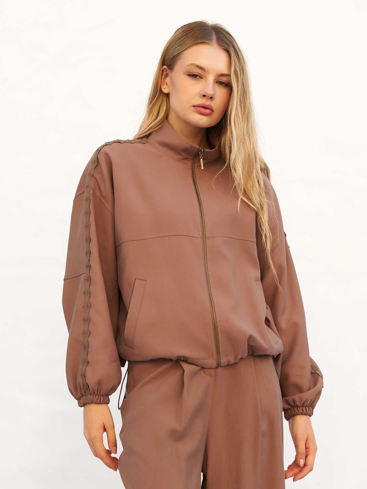 Women's Solid Brown Bomber Jacket with Lace Trim - Lefon - by Peralane