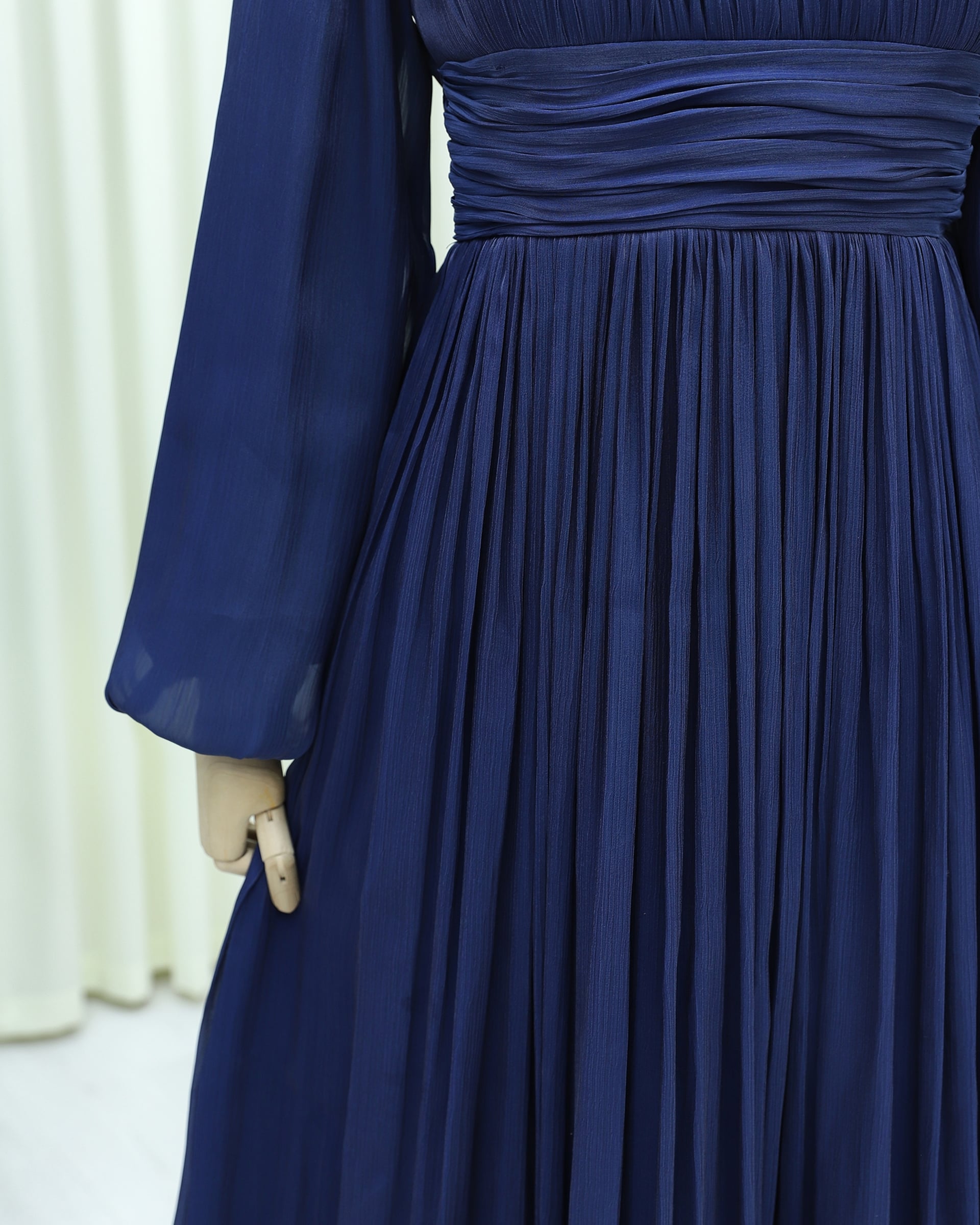 Navy Blue Pleated Evening Gown with Ruffles and Draped Waist - Podyumplus - by Peralane - photo 7