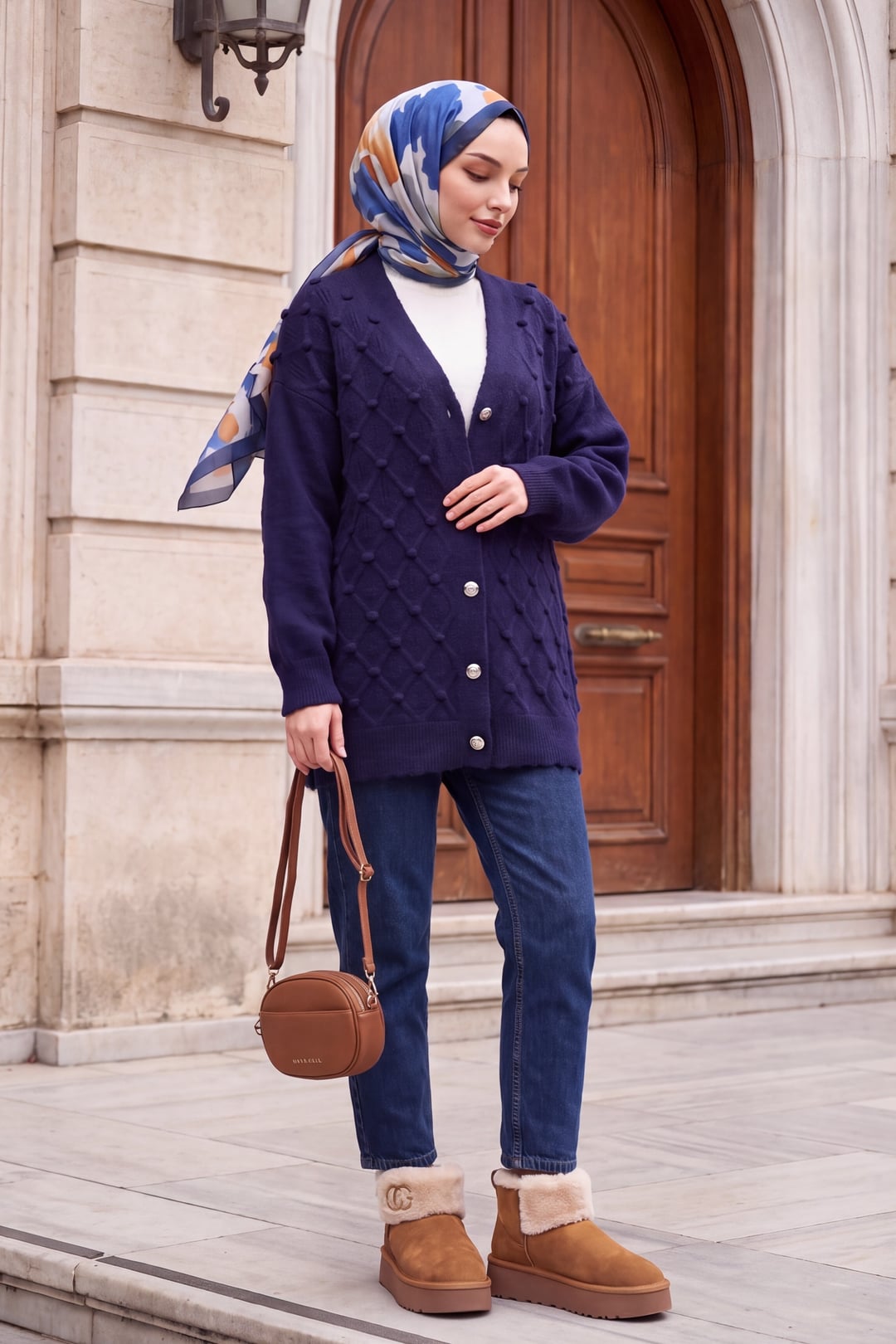 Textured Bobble Detail Buttoned Knit Cardigan - Navy - Podyumplus - by Peralane - photo 4