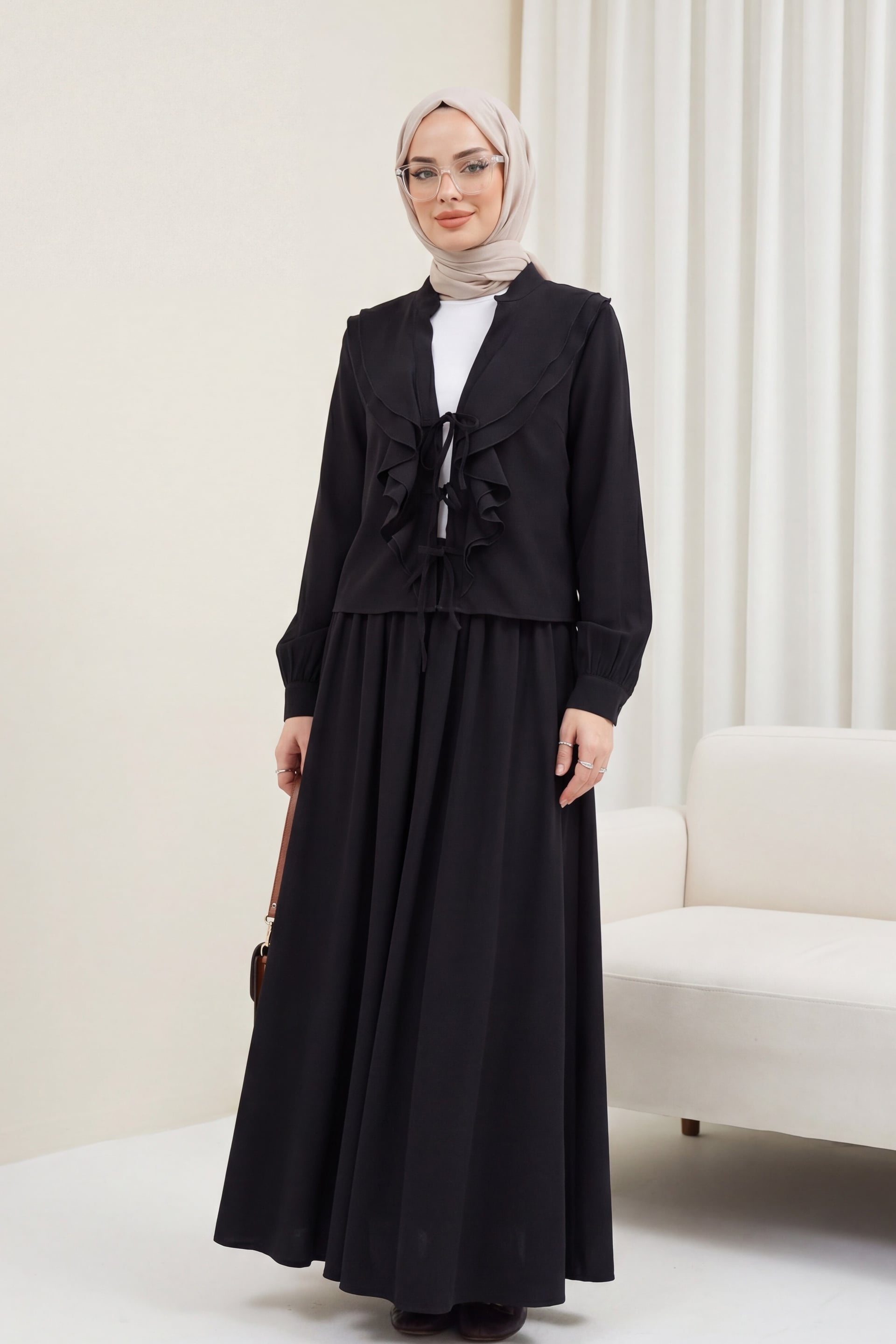Front Tie Ruffle Detail Long Sleeve Top and Maxi Skirt Set in Black - Podyumplus - by Peralane