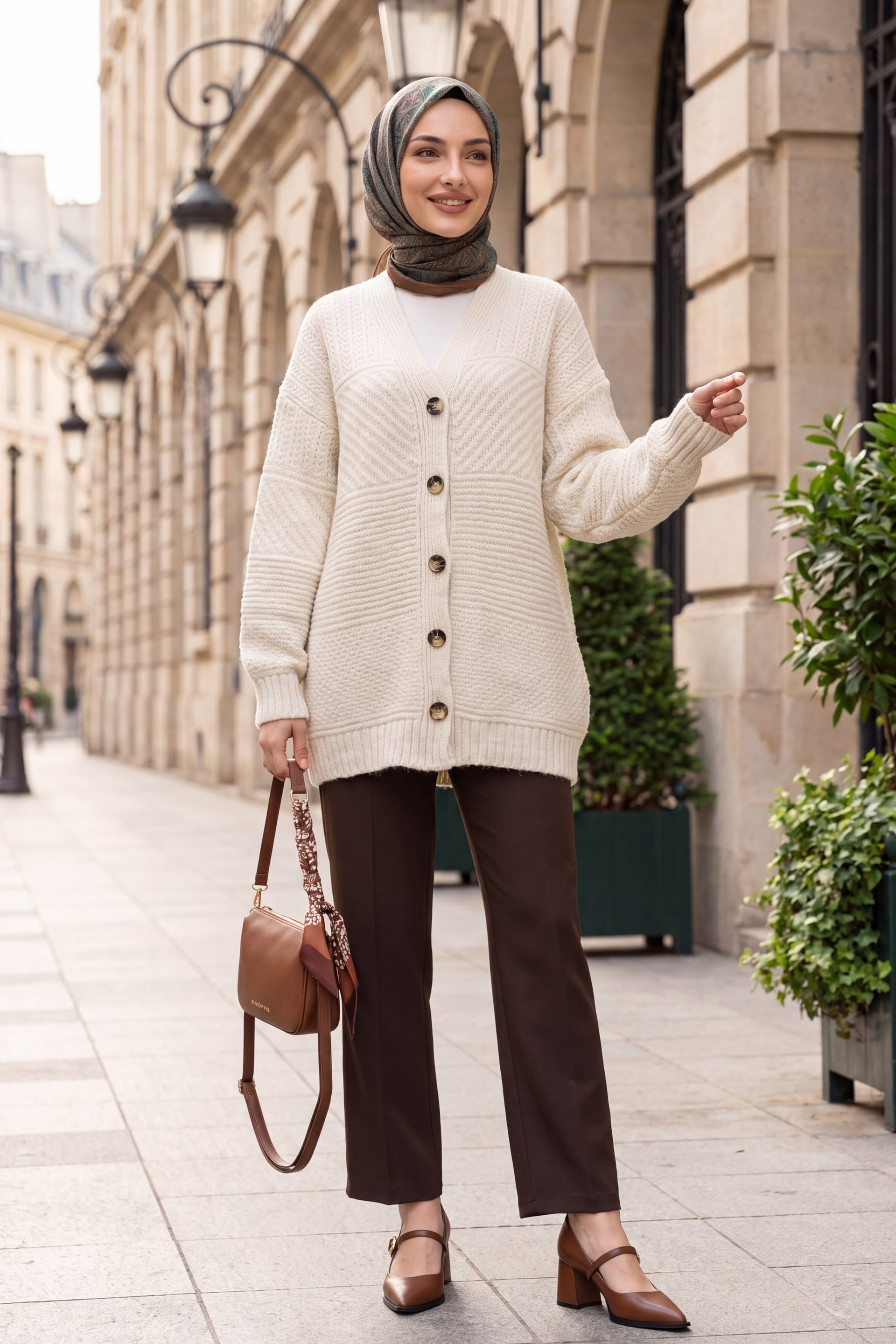V-Neck Button-Front Relaxed Knit Cardigan - Stone - Podyumplus - by Peralane - photo 4