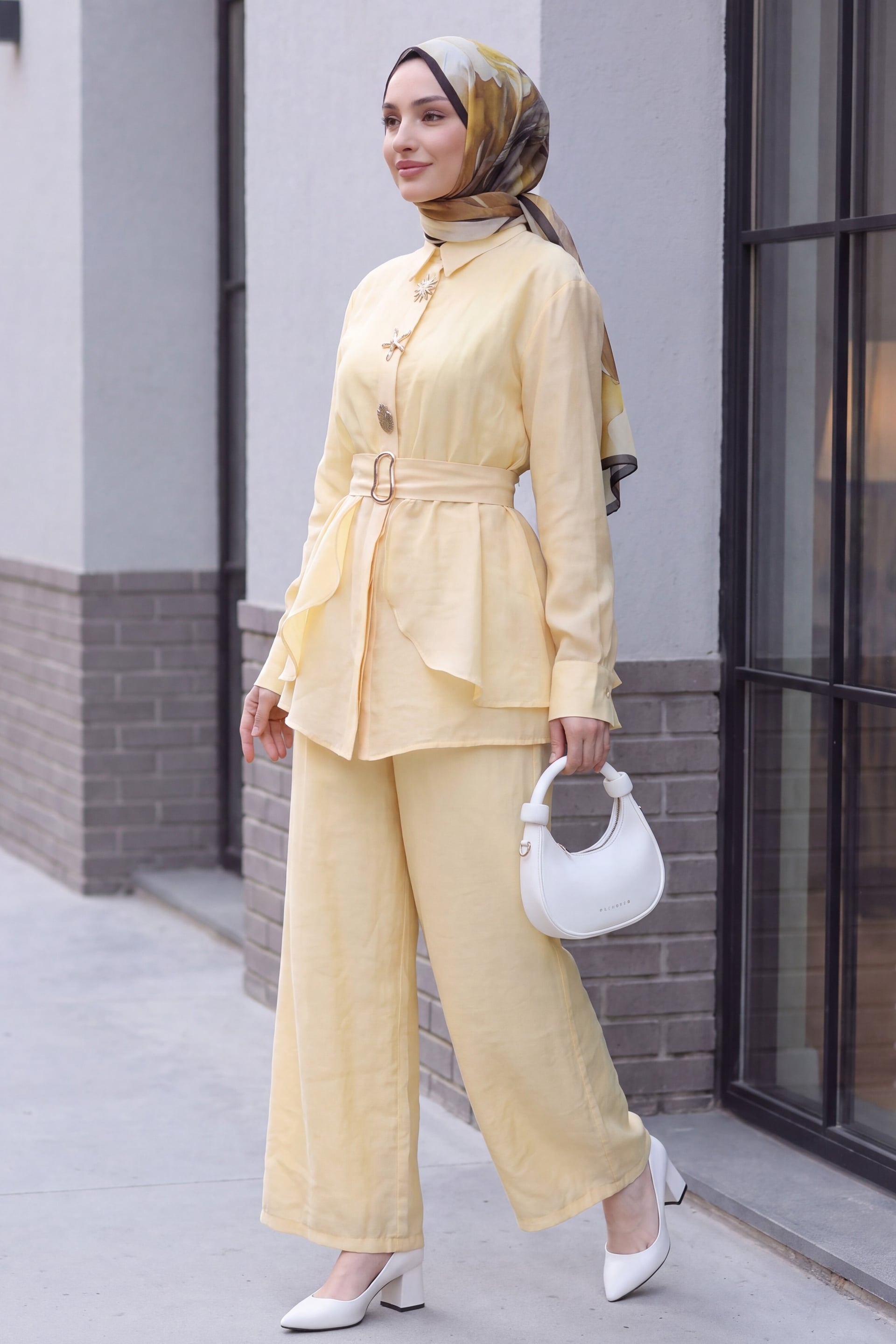 Lined Cupra Two-Piece Set with Elastic Belt and Pocketed Trousers - Yellow - Podyumplus - by Peralane - photo 2