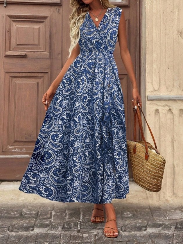 Women's Sleeveless V-Neck Maxi Dress with Paisley Print - Janes - by Peralane