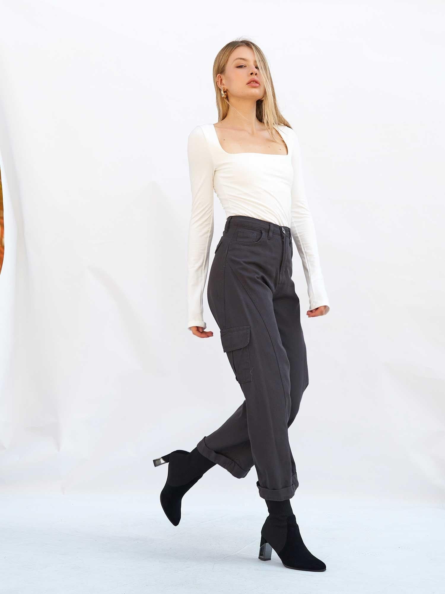 Women's Gabardine Trousers with Cargo Pockets - Anthracite - Lefon - by Peralane - photo 4