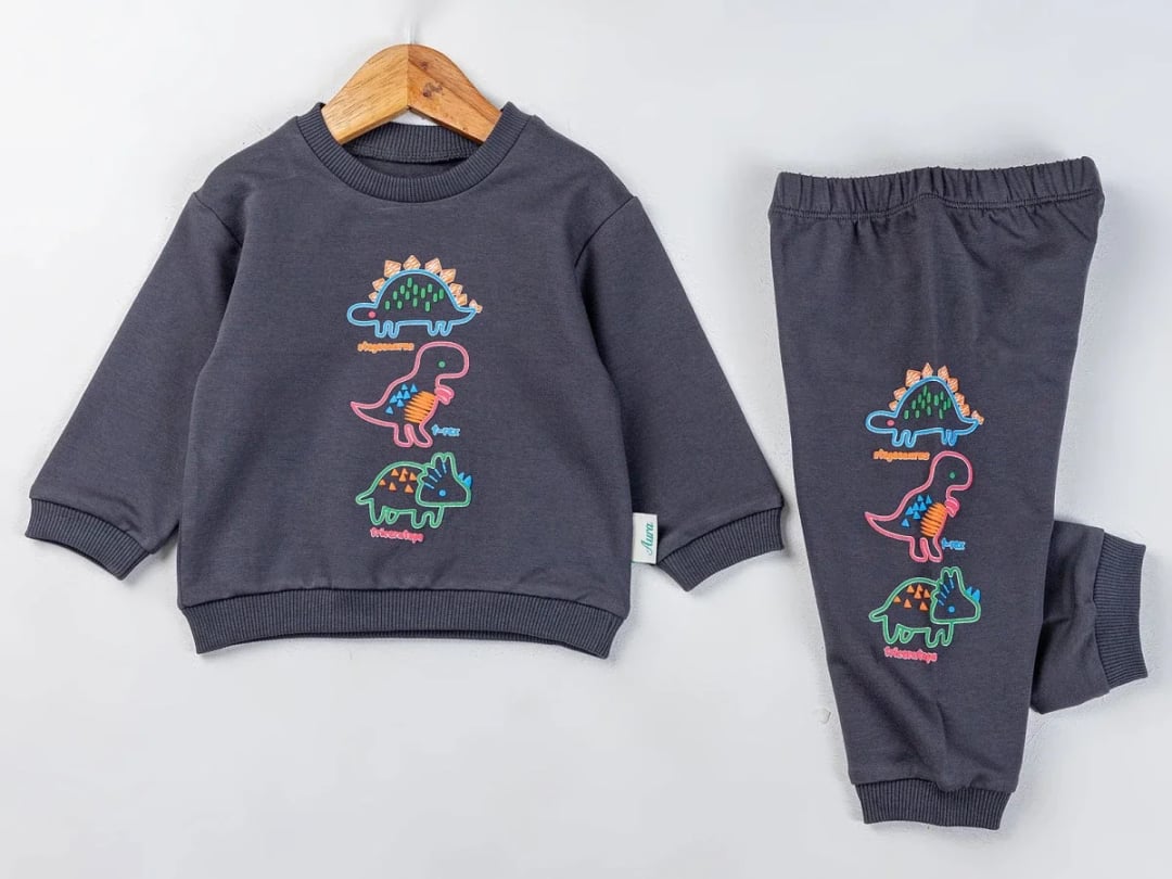 Dino Print Baby Boys Pyjama Set - Dark Grey - Comix - by Peralane
