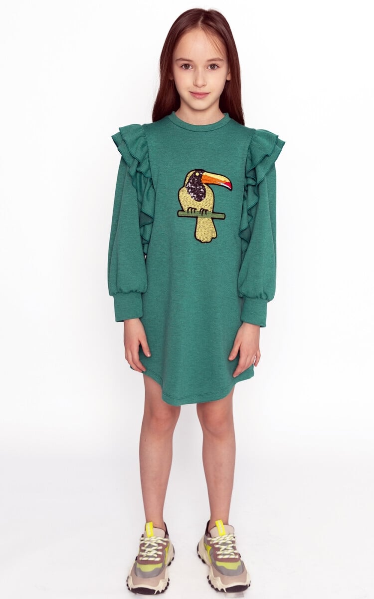 Girl's Green Sequined Toucan Dress with Ruffle Shoulders - Ages 4-12 - Sheshe - by Peralane