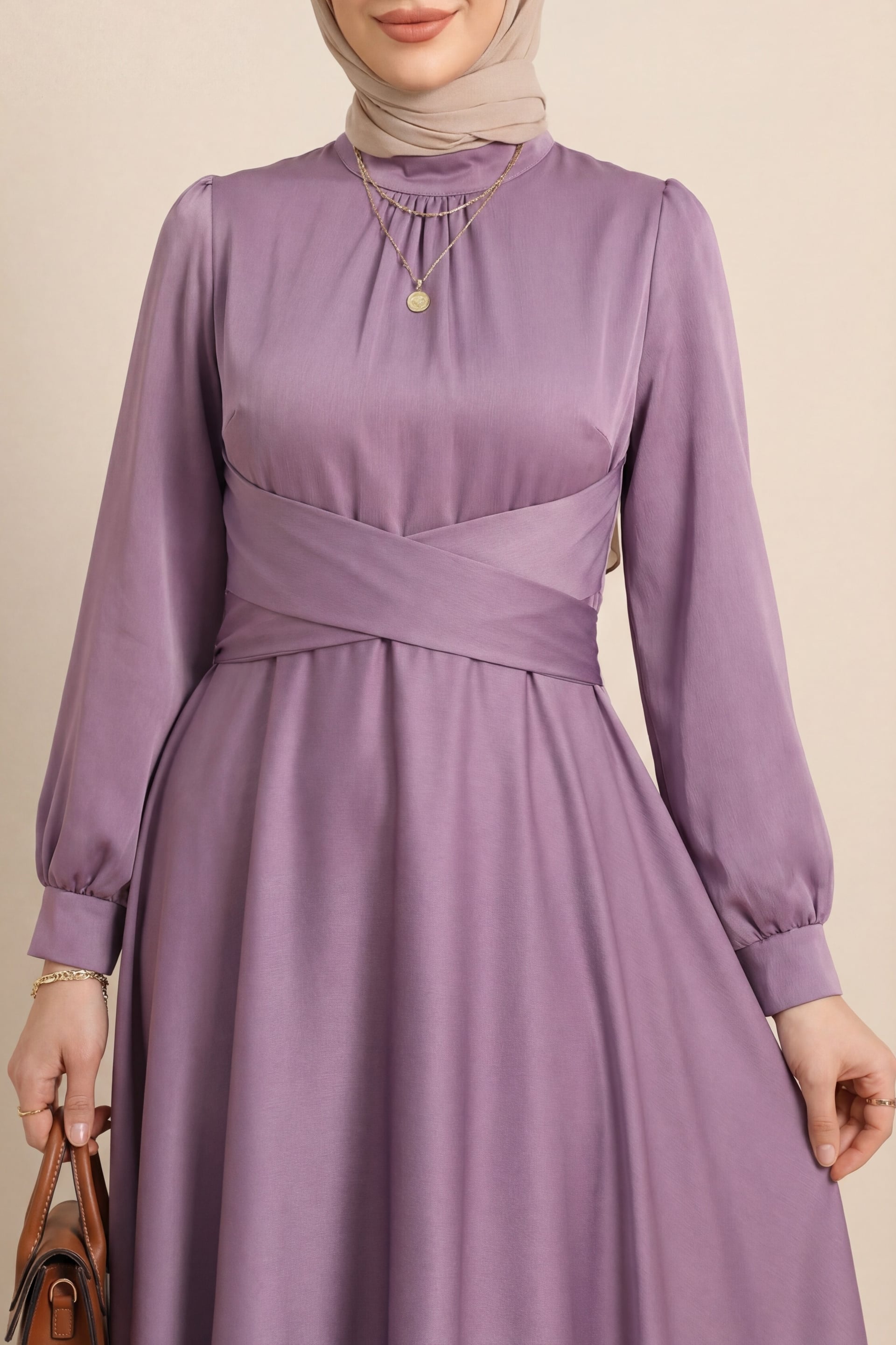 Women's Lavender Purple Round Neck Satin Dress with Cross Waist Tie - Podyumplus - by Peralane - photo 2