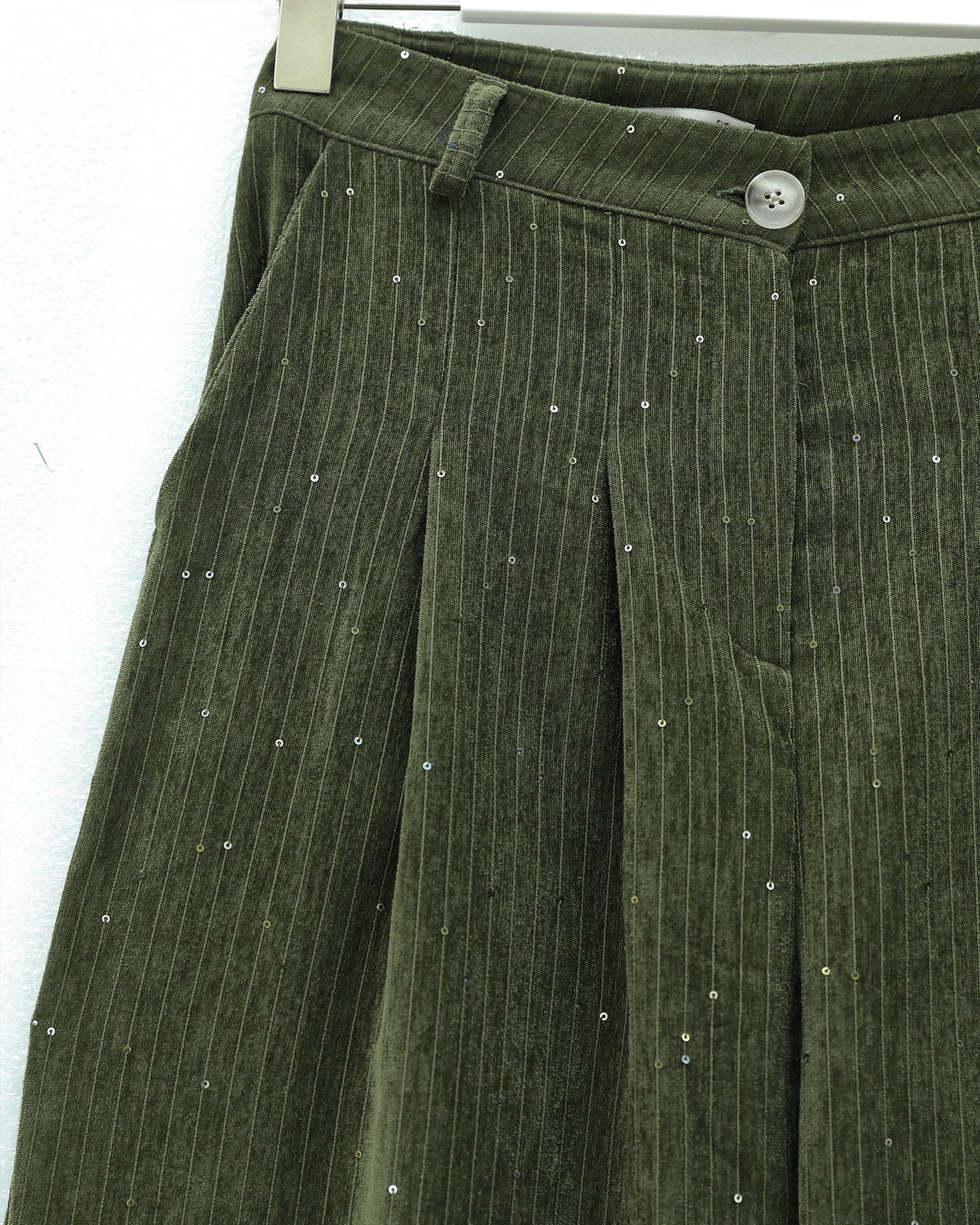 Pocketed Wide-Leg Sequined Corduroy Trousers - Khaki - Podyumplus - by Peralane - photo 6