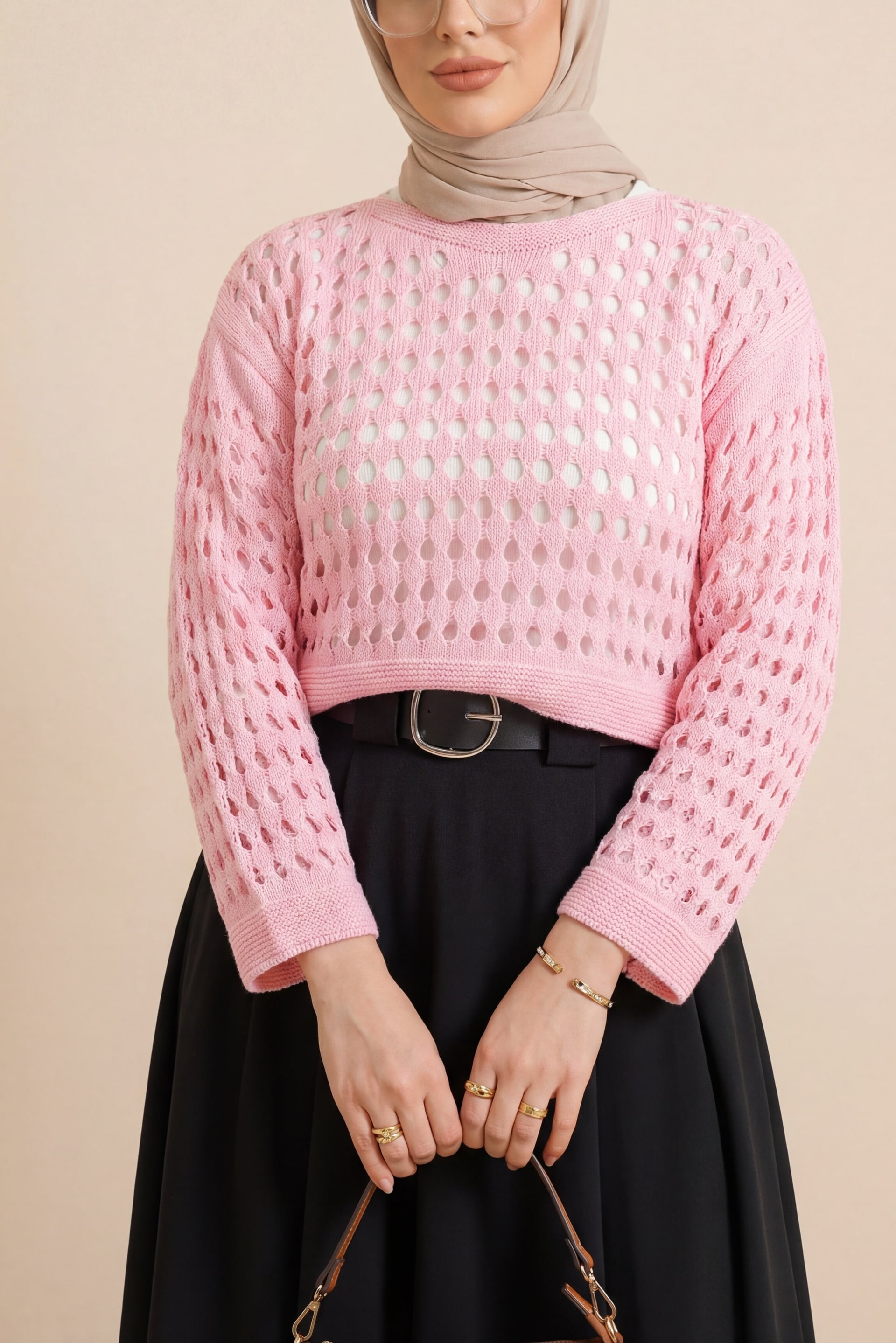 Pink Crew Neck Open-Weave Knit Sweater with Cropped Fit - Podyumplus - by Peralane