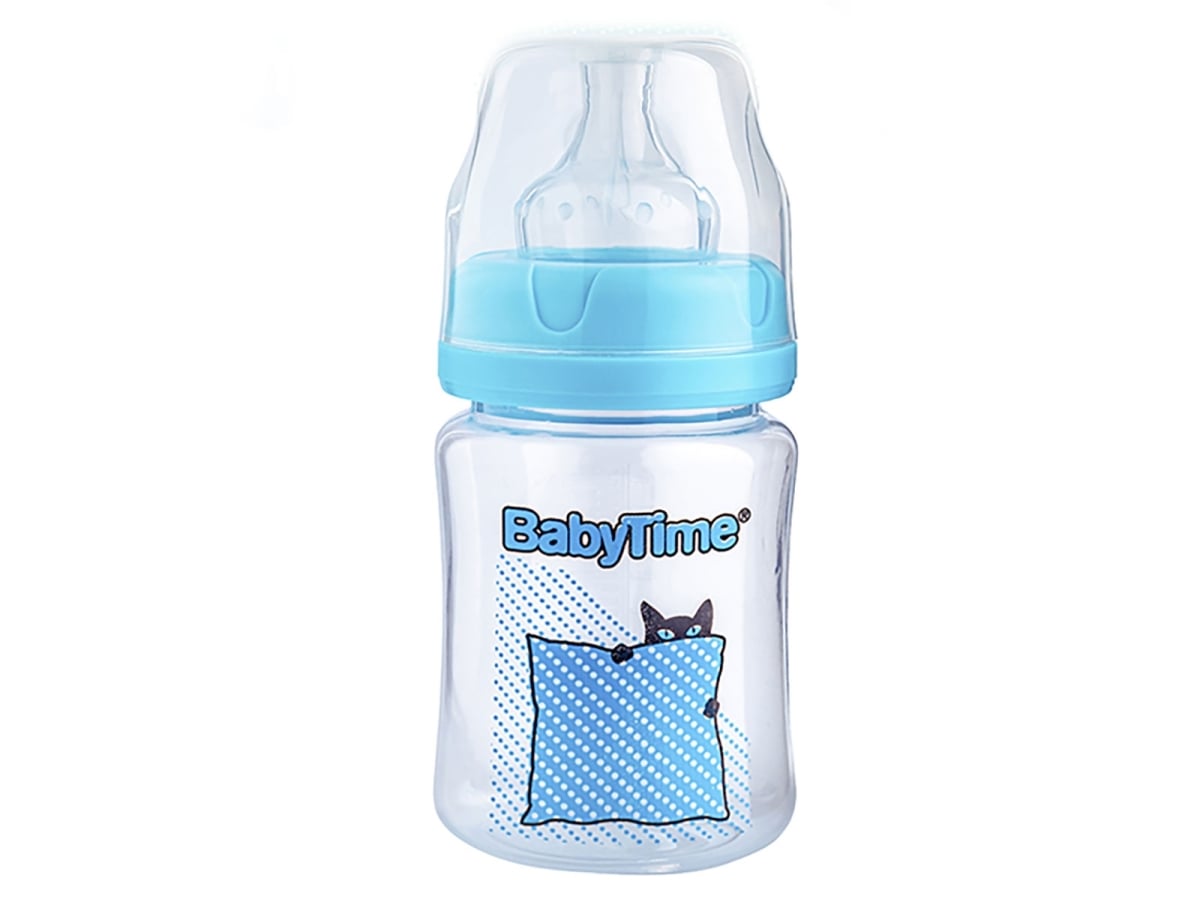 Wide-Neck PP Baby Bottle with Blue Cat Design - Baby Time - by Peralane