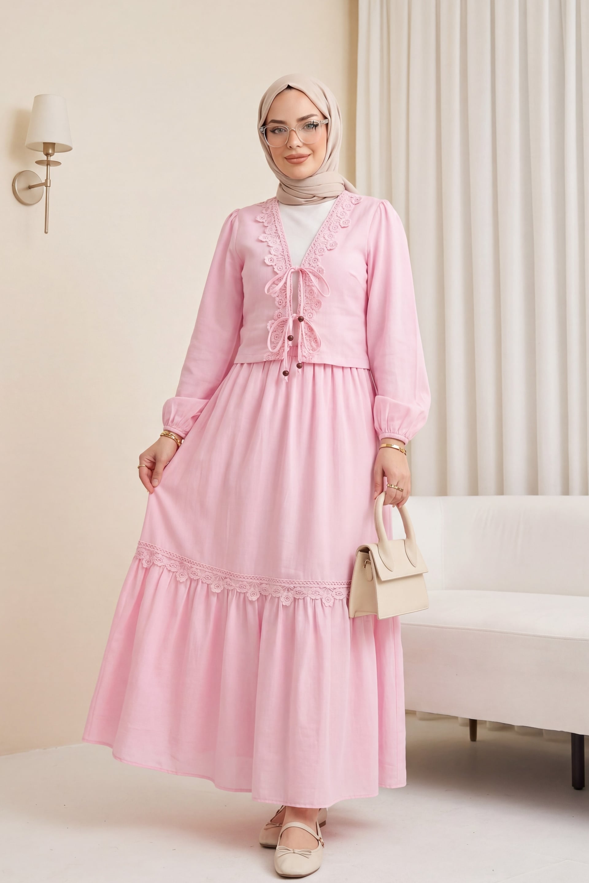 Tie-Front Lace Detail Lined Skirt Linen Look Set - Pink - Podyumplus - by Peralane