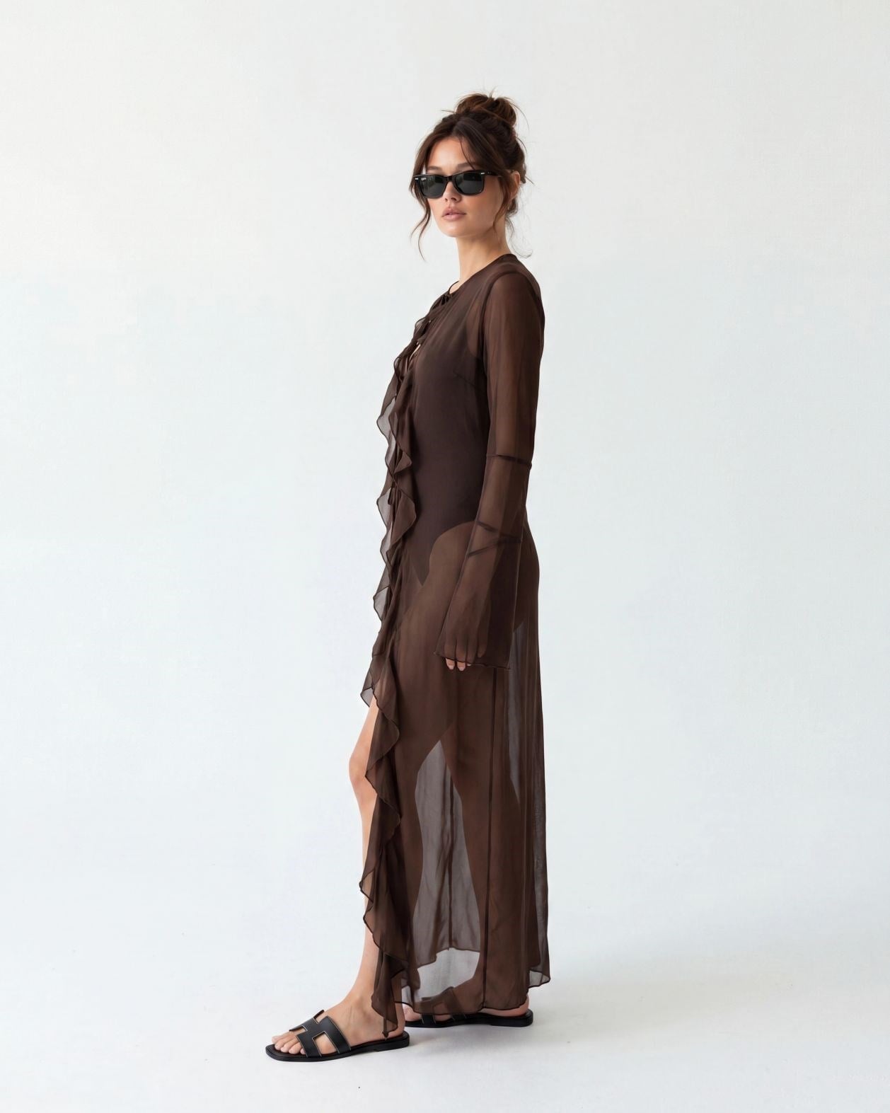 Dark Brown Sheer Ruffle Kimono with Tie Closure - Fame - by Peralane - photo 2