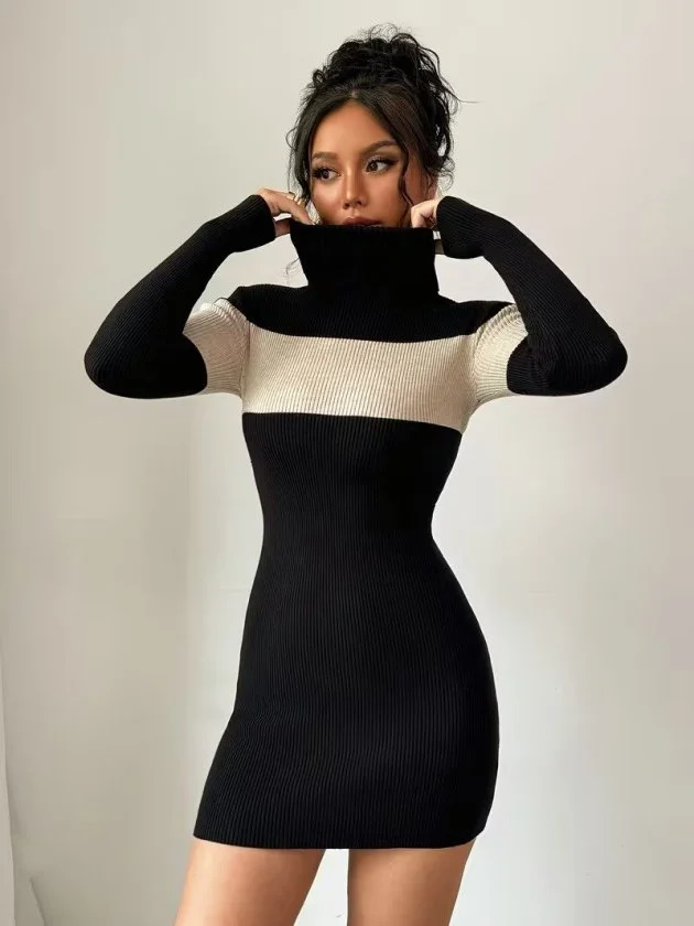 Women's Long-Sleeved Turtleneck Ribbed Knit Dress with Cream and Black Stripes - Janes - by Peralane - photo 6