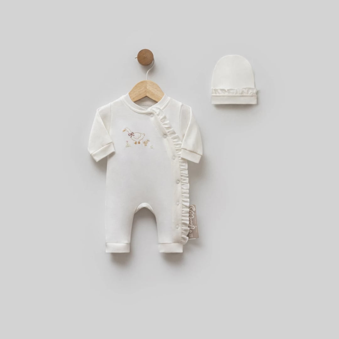 Baby Romper and Hat Set - Ecru with Duck Embroidery - Flexi Baby - by Peralane