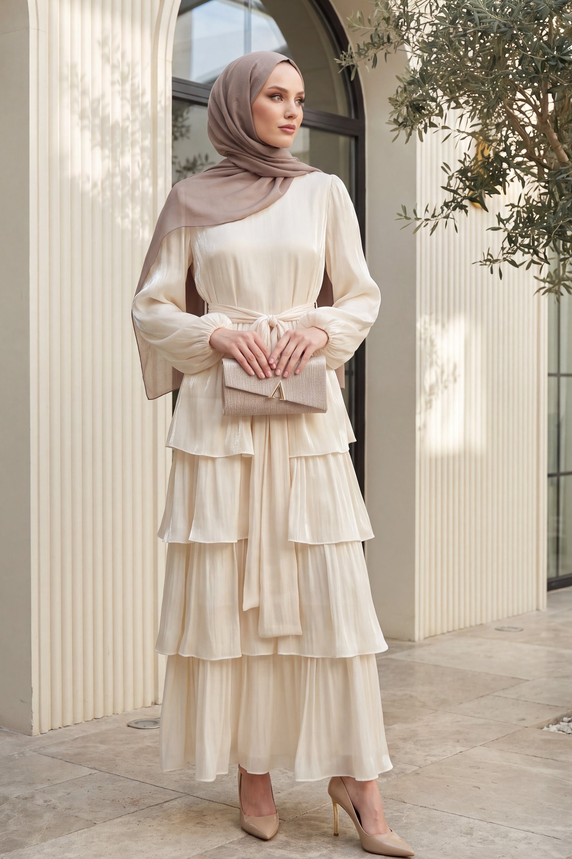 Beige Elasticated Cuff Tiered Ruffled Shimmer Chiffon Dress with Self-Tie Belt - Podyumplus - by Peralane - photo 3