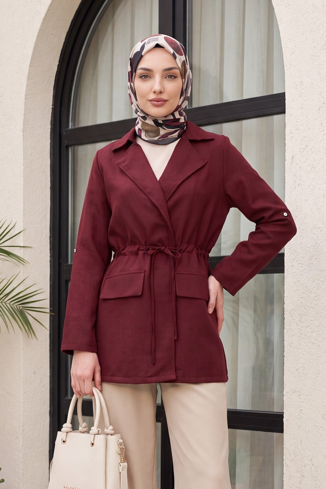 Tunnel Lace Detail Pocket Linen Look Kimono - Burgundy - Podyumplus - by Peralane - photo 8