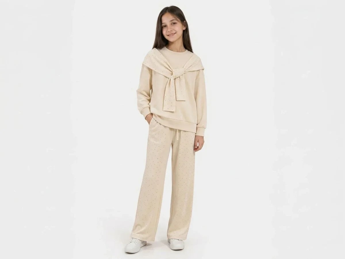 Girls' Loungewear Set with Tie Detail - Beige - Mensis - by Peralane