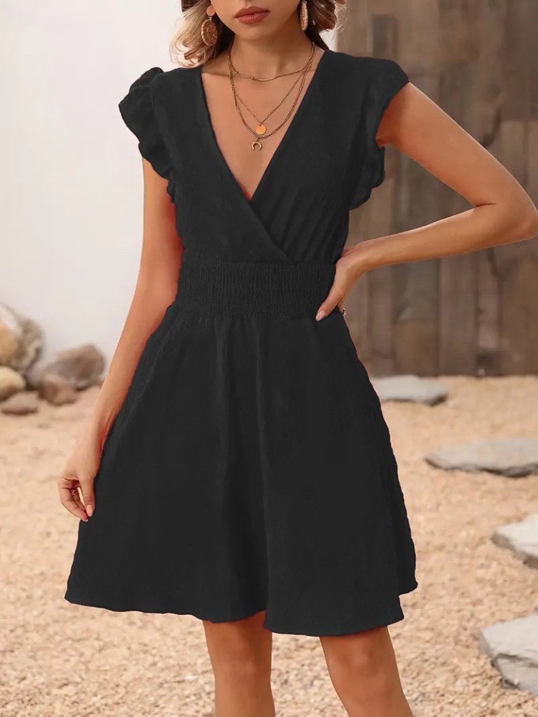 Women's Short-Sleeved V-Neck Smocked Waist Flared Dress - Black - Janes - by Peralane - photo 4
