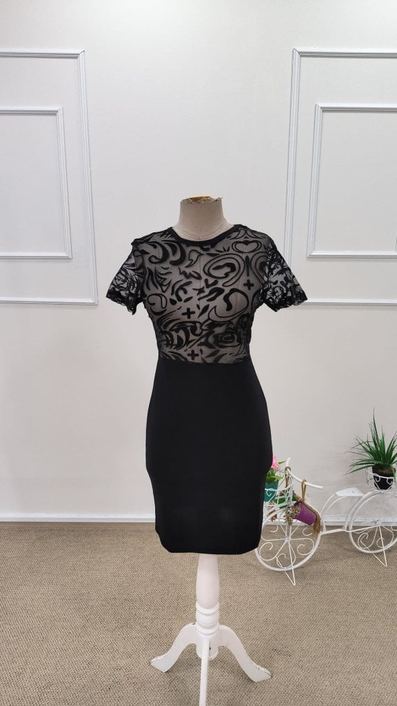 Women's Short-Sleeved Round Neck Transparent Tulle Detail Short Crepe Dress - Janes - by Peralane - photo 5