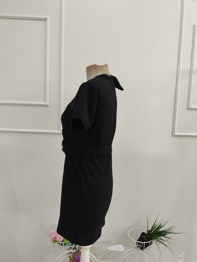 Women's Black Short-Sleeve Blazer Dress with Lace and Belt - Janes - by Peralane - photo 5