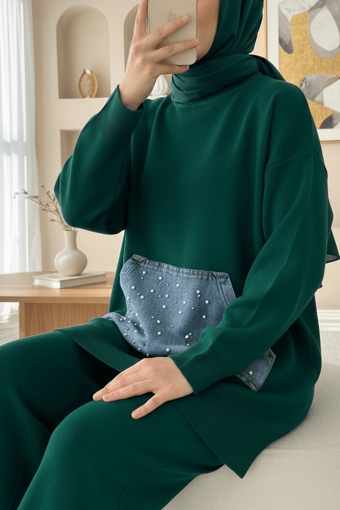 Modest Knit Lounge Set with Denim-Look Pockets and Pearl Details - Emerald - Podyumplus - by Peralane