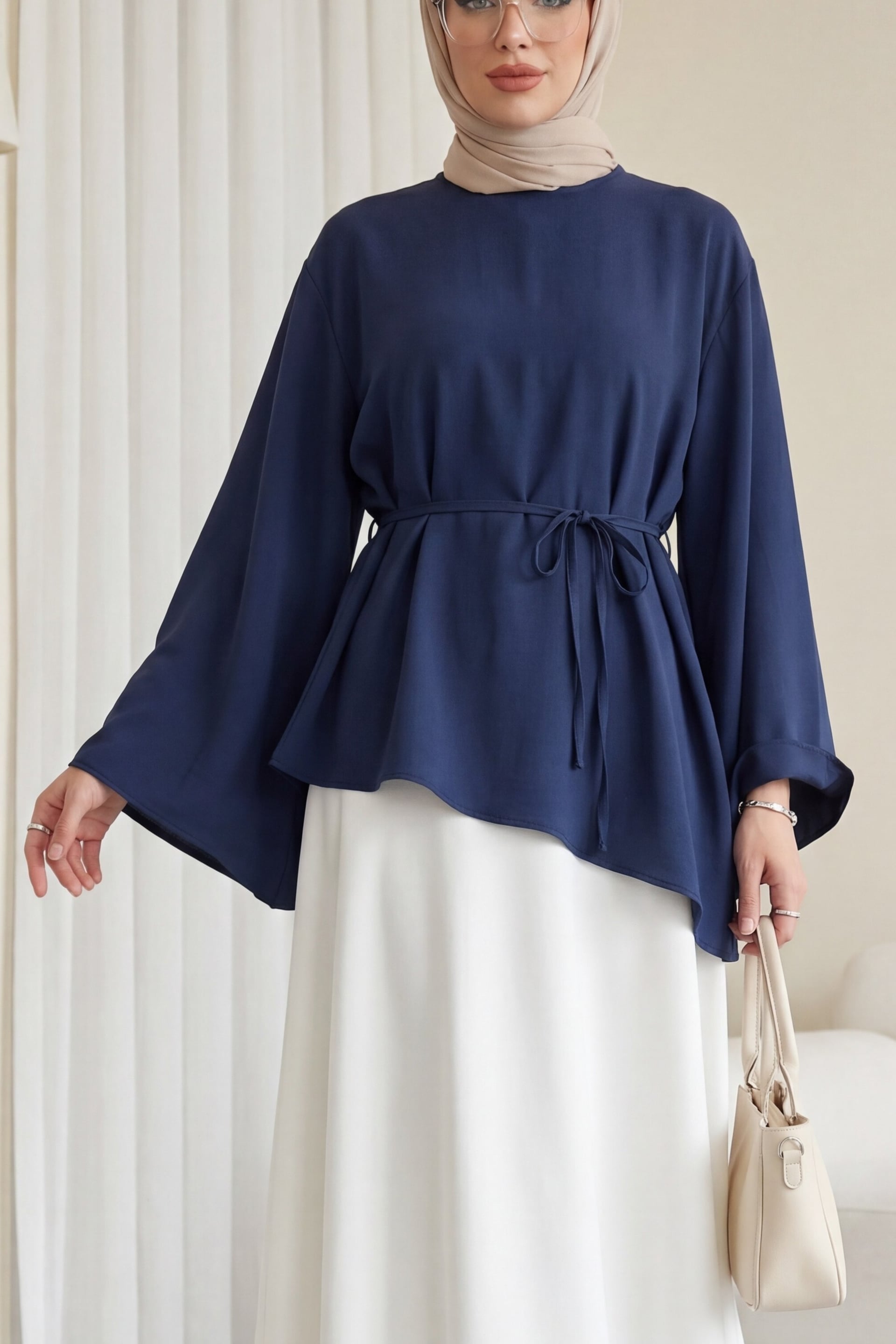 Asymmetric Cut Tie Waist Oversize Modal Tunic - Dark Navy - Podyumplus - by Peralane
