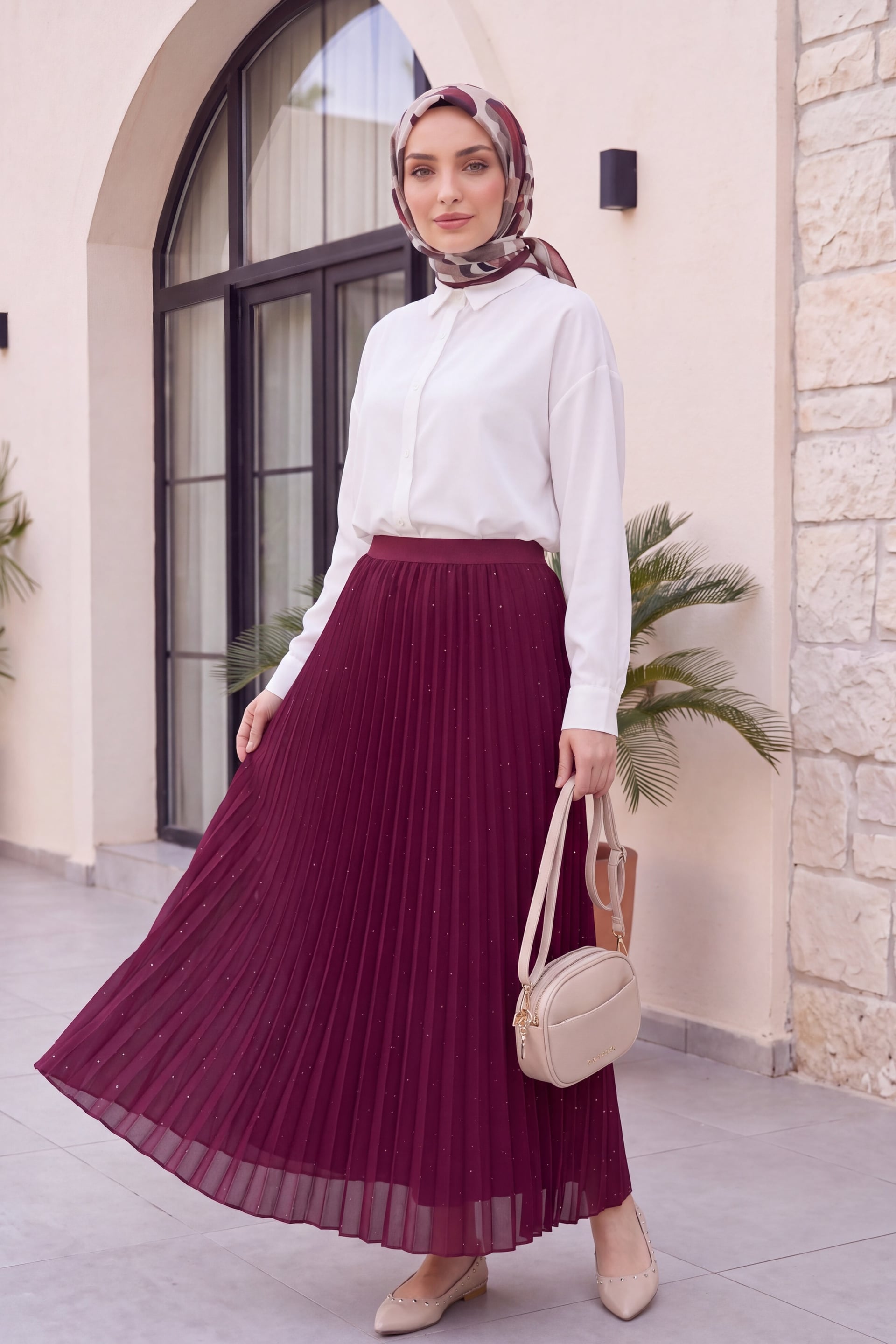 Burgundy Pleated Skirt with Embellishments - Podyumplus - by Peralane - photo 5