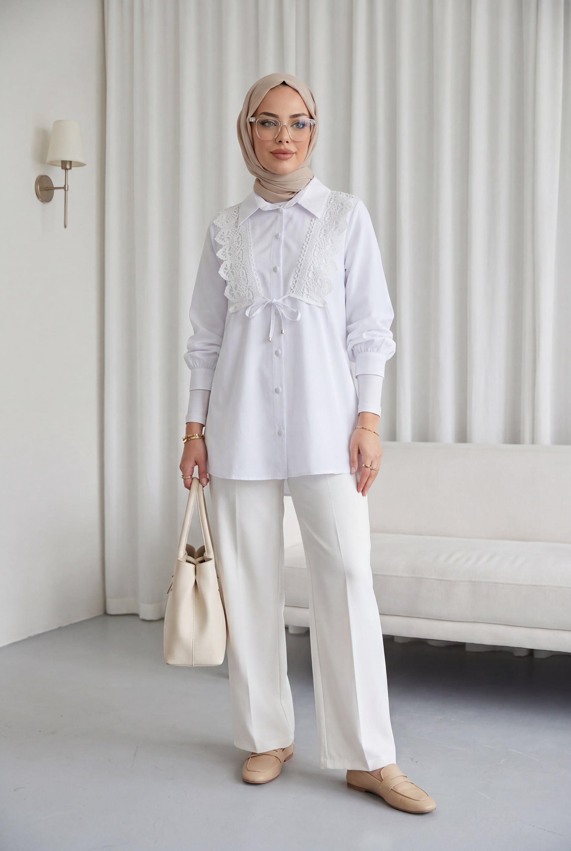 White Poplin Blouse with Lace Trim and Drawstring Tie - Podyumplus - by Peralane - photo 3