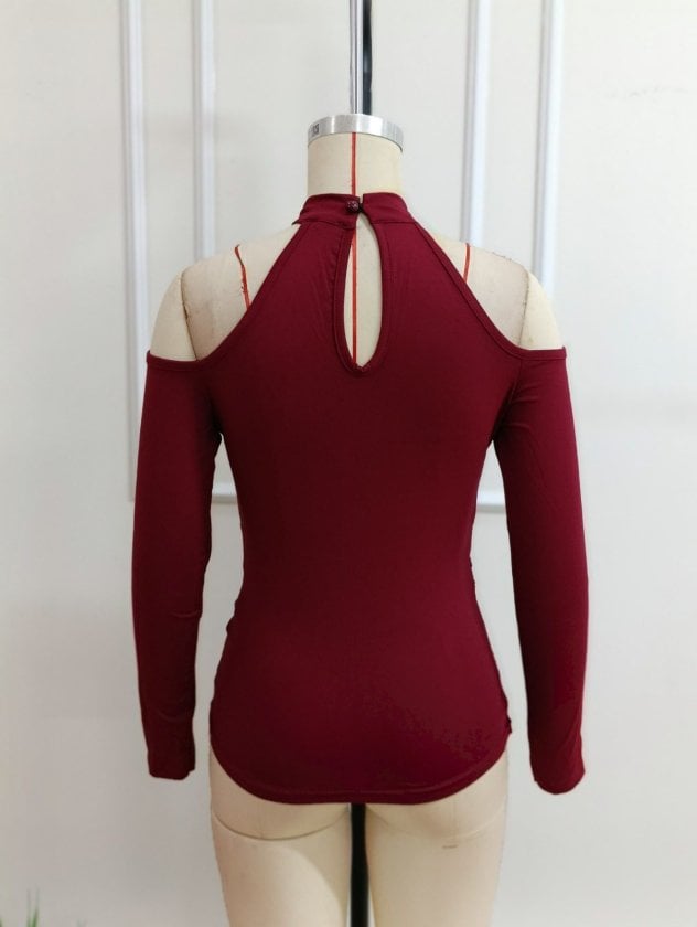 Women's Long-Sleeve Cold-Shoulder High-Neck Blouse with V-Neck and Draped Hem, Deep Red - Janes - by Peralane - photo 6